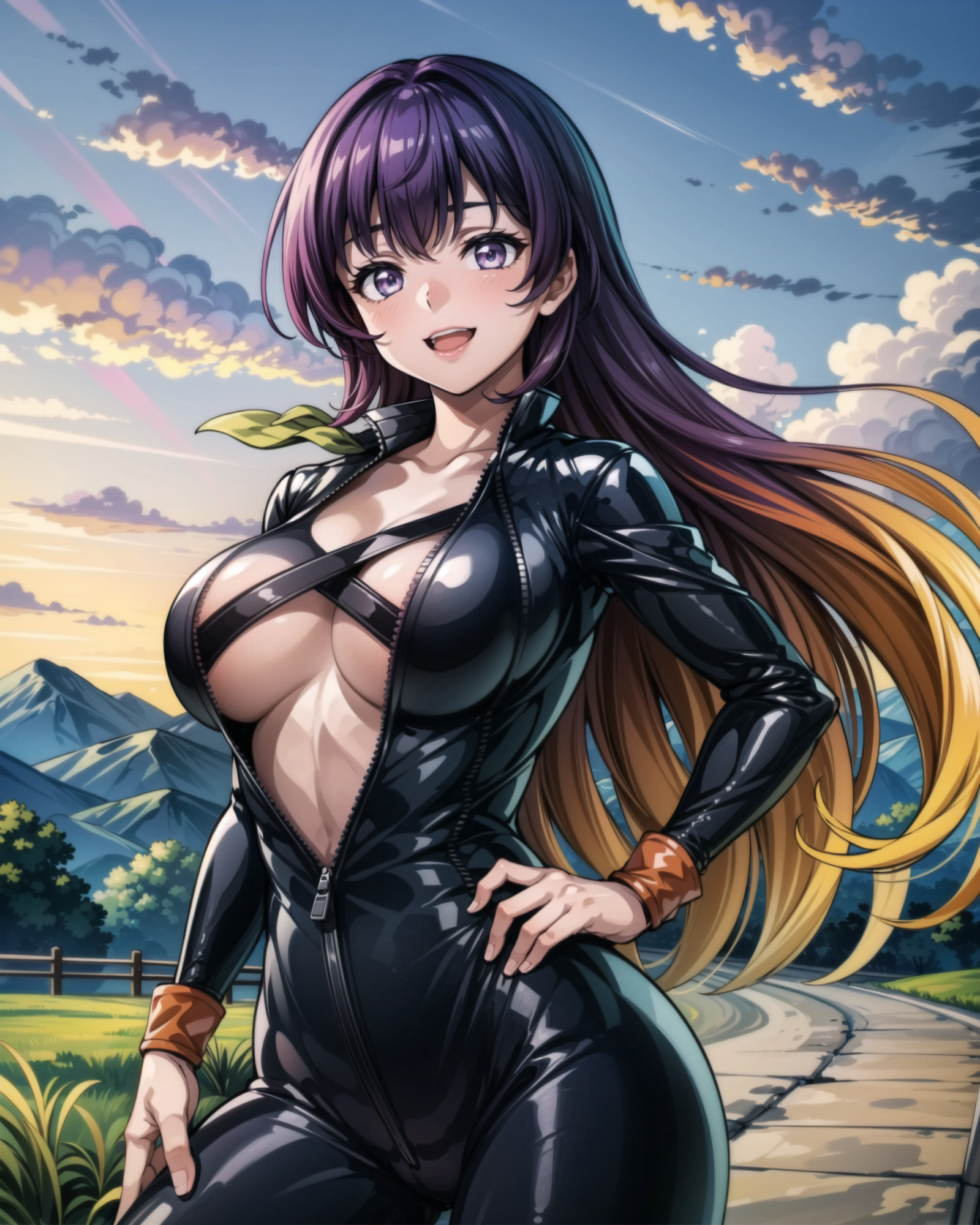 01483-2998961181-, 1girl, biker_clothes, bikesuit, blue_sky, bodysuit, breasts, center_opening, cloud, cloudy_sky, cowboy_shot, cross-laced_cloth.png